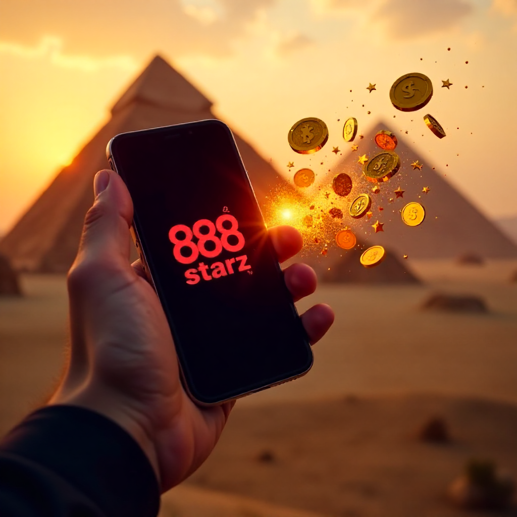 A hand holding a modern smartphone showing the 888starz logo, with the majestic Great Pyramids of Giza and a sunset sky in the background, official red and black branding colors, 3D gold coins and shimmering slot symbols flying out of the screen, hyper-re